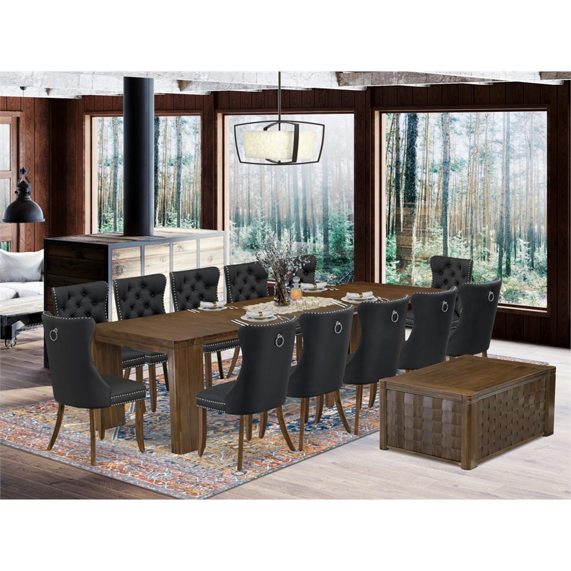 East West Furniture Xtenczar 14-Piece Extendable Dining Set in Walnut Finish