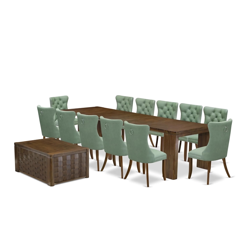 East West Furniture Xtenczar 14-Piece Extendable Dining Set in Walnut Finish