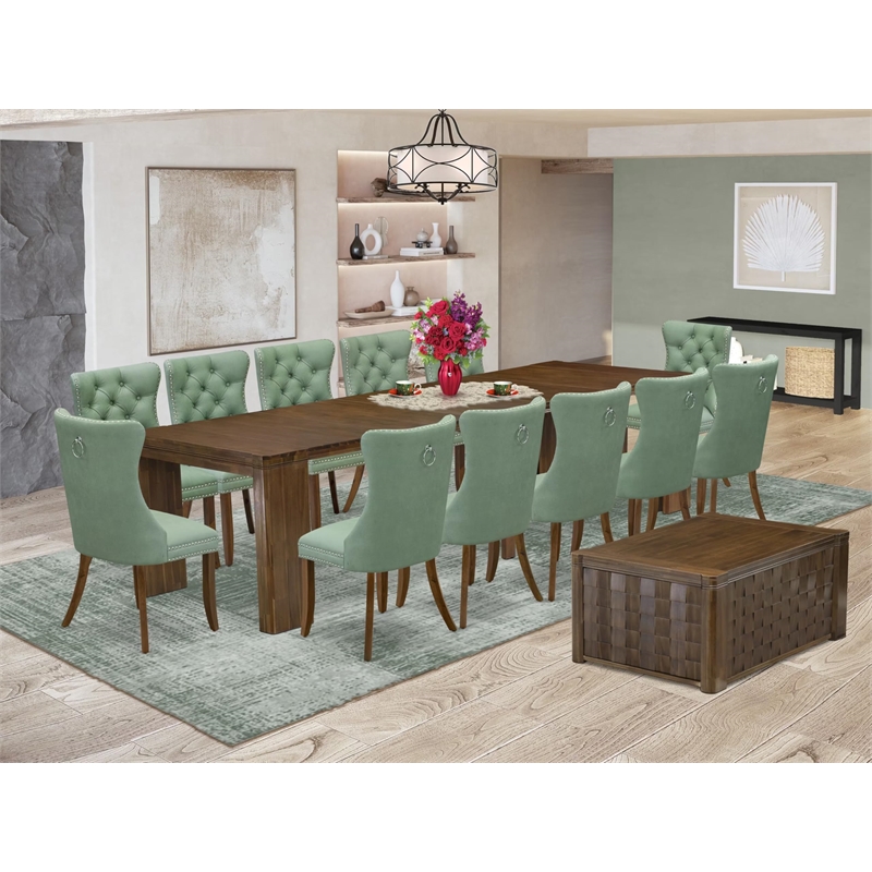 East West Furniture Xtenczar 14-Piece Extendable Dining Set in Walnut Finish