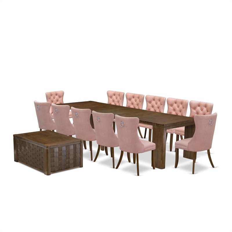 East West Furniture Xtenczar 14-Piece Extendable Dining Set in Walnut Finish