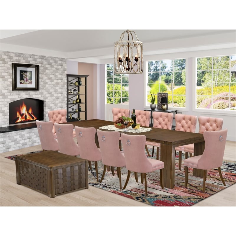 East West Furniture Xtenczar 14-Piece Extendable Dining Set in Walnut Finish