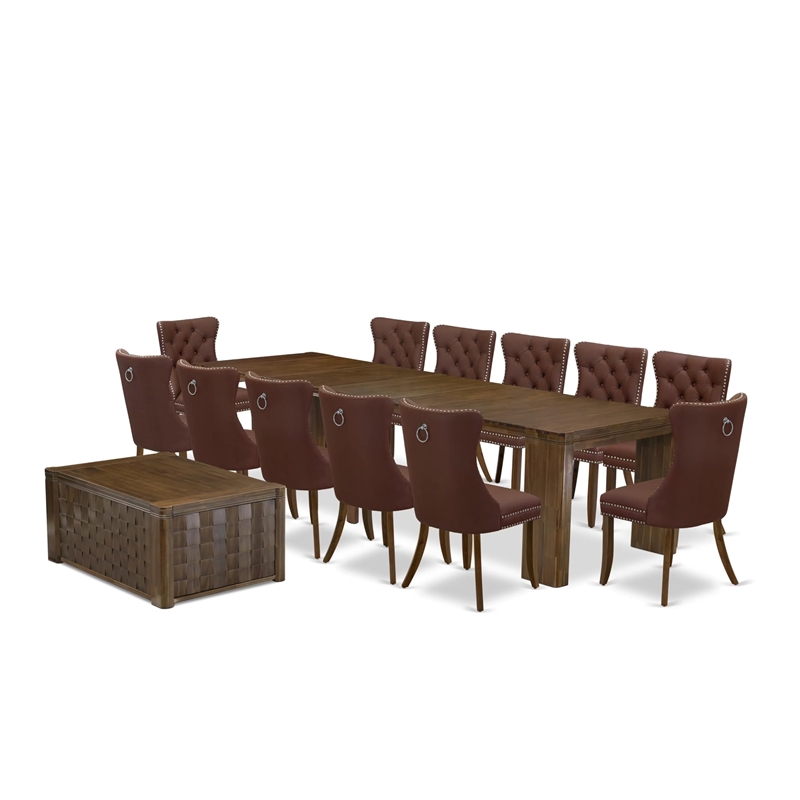 East West Furniture Xtenczar 14-Piece Extendable Dining Set in Walnut Finish