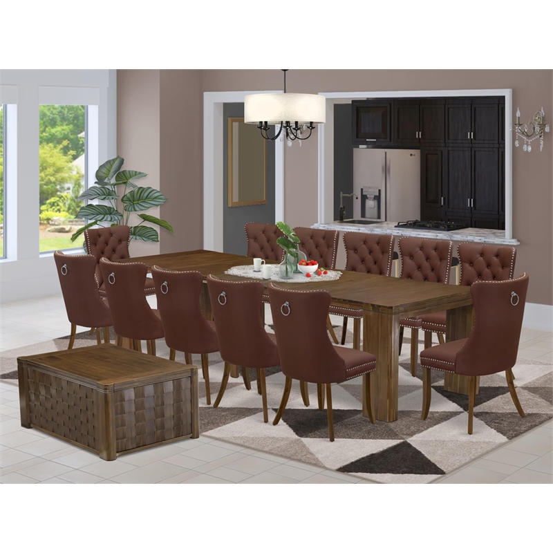 East West Furniture Xtenczar 14-Piece Extendable Dining Set in Walnut Finish