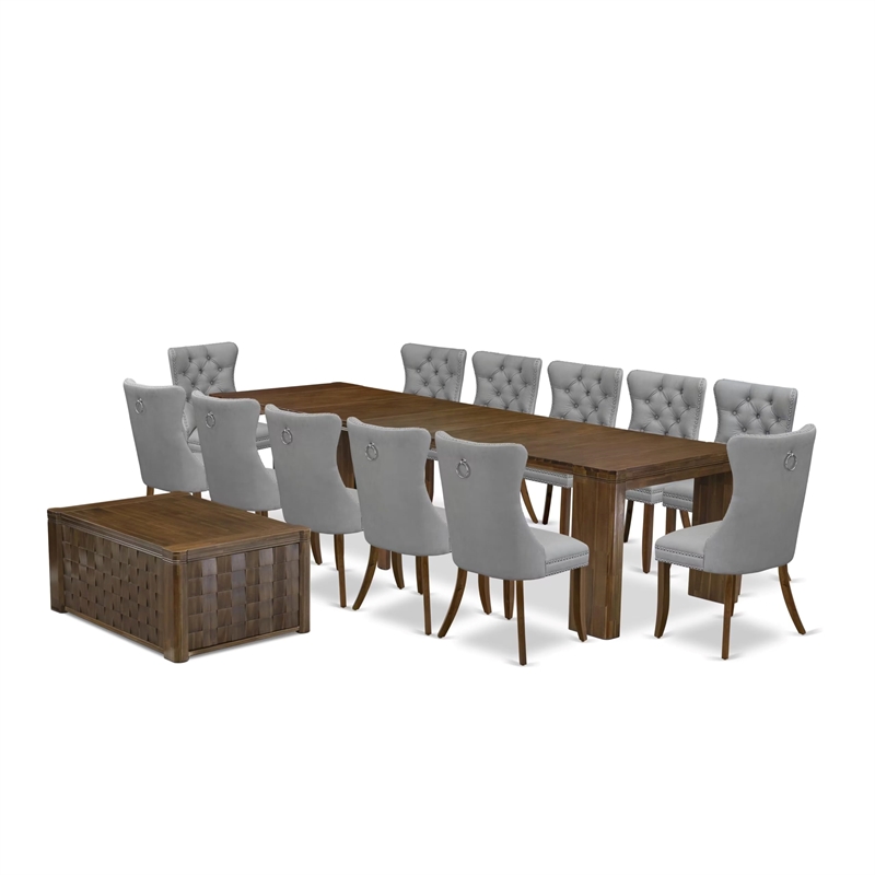East West Furniture Xtenczar 14-Piece Extendable Dining Set in Walnut Finish