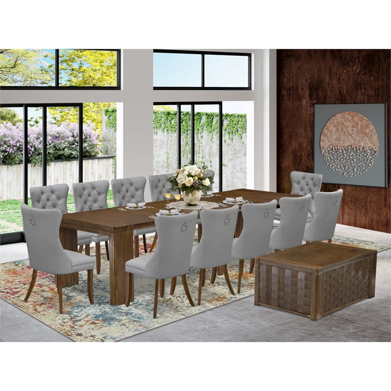 East West Furniture Xtenczar 14-Piece Extendable Dining Set in Walnut Finish