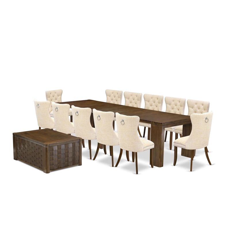 East West Furniture Xtenczar 14-Piece Extendable Dining Set in Walnut Finish