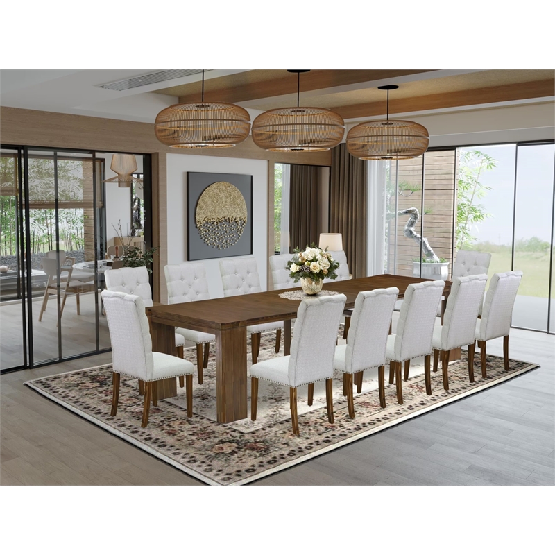 East West Furniture Xtenczar 13-Piece Extendable Dining Set in Walnut Finish