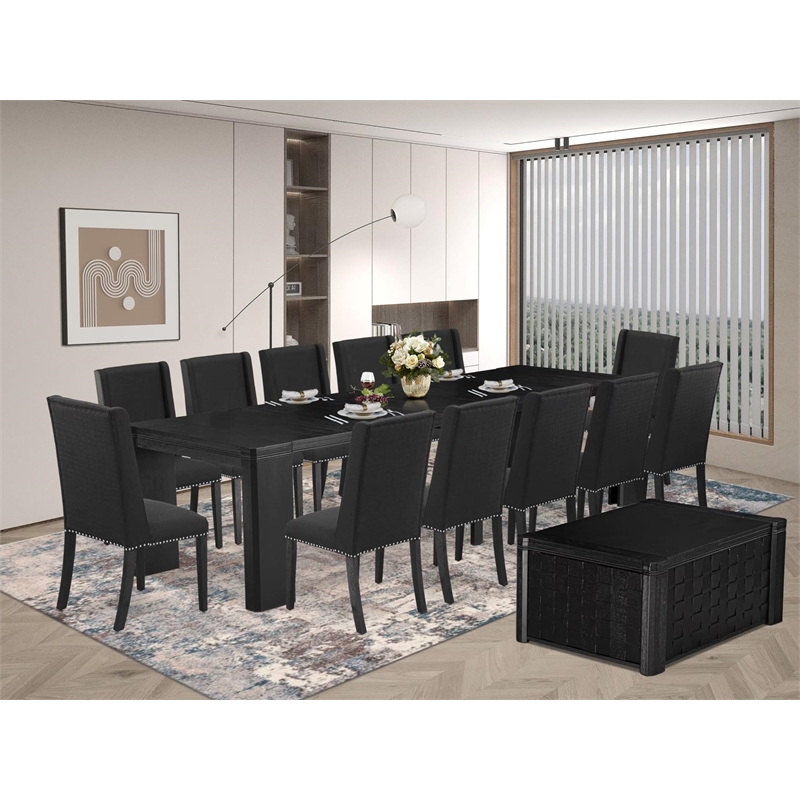 East West Furniture Xtenczar 14 -Piece Dining Room Table Set in Black Finish