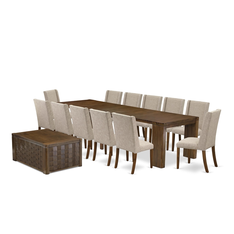 East West Furniture Xtenczar 14-Piece Extendable Dining Set in Walnut Finish