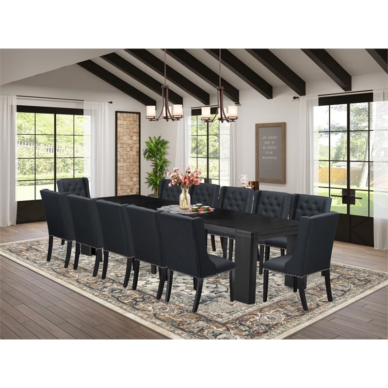 East West Furniture Xtenczar 13 -Piece Dining Room Table Set in Black Finish