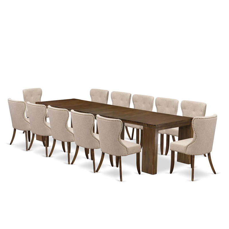 East West Furniture Xtenczar 13-Piece Extendable Dining Set in Walnut Finish