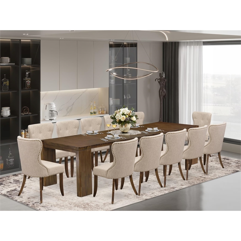 East West Furniture Xtenczar 13-Piece Extendable Dining Set in Walnut Finish