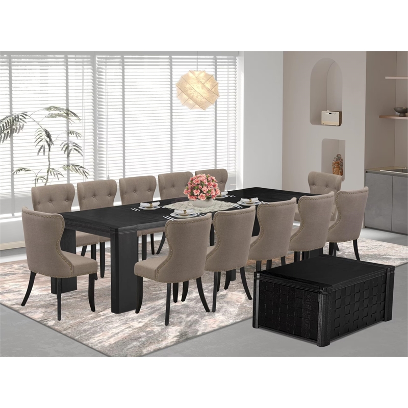 East West Furniture Xtenczar 14 -Piece Dining Room Table Set in Black Finish