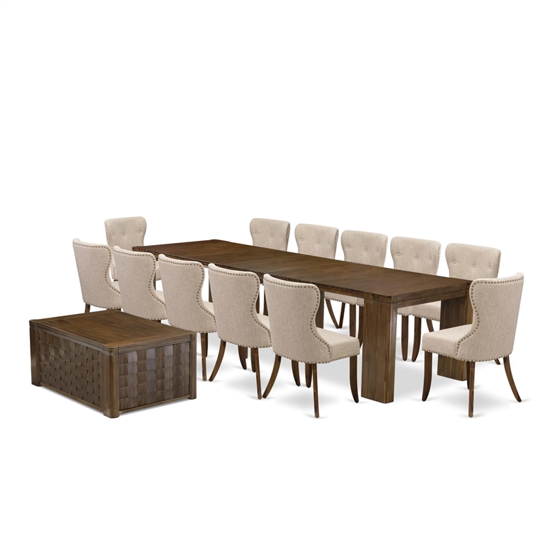 East West Furniture Xtenczar 14-Piece Extendable Dining Set in Walnut Finish