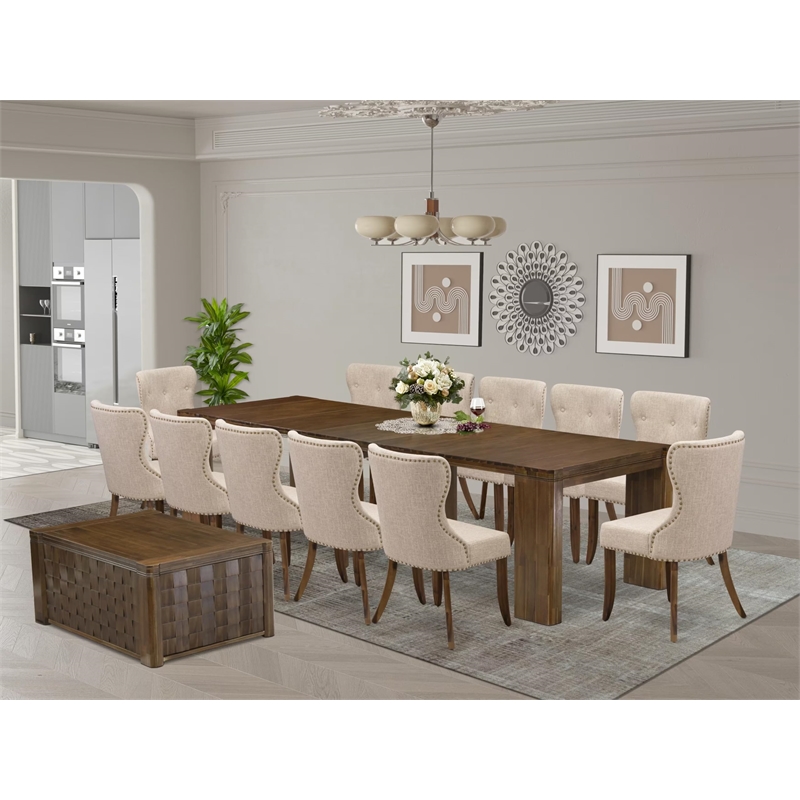East West Furniture Xtenczar 14-Piece Extendable Dining Set in Walnut Finish
