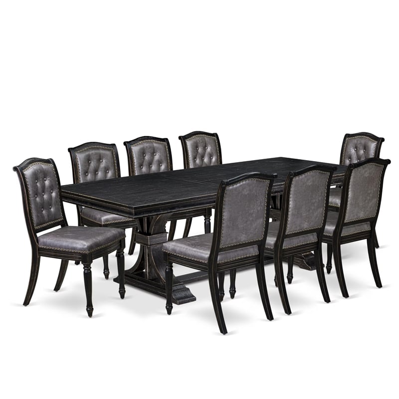 East West Furniture Laneville 9-Piece Dining Room Table Set in Black Finish