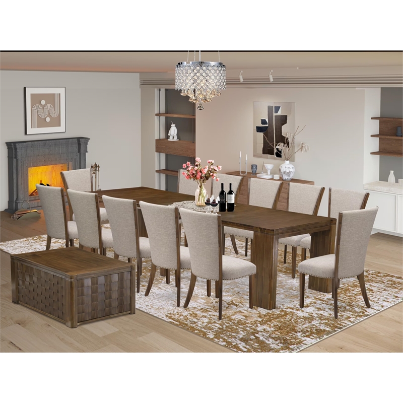 East West Furniture Xtenczar 14-Piece Extendable Dining Set in Walnut Finish