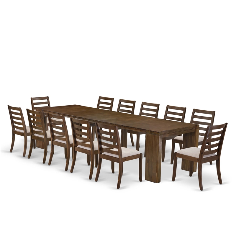 East West Furniture Xtenczar 13-Piece Extendable Dining Set in Walnut Finish