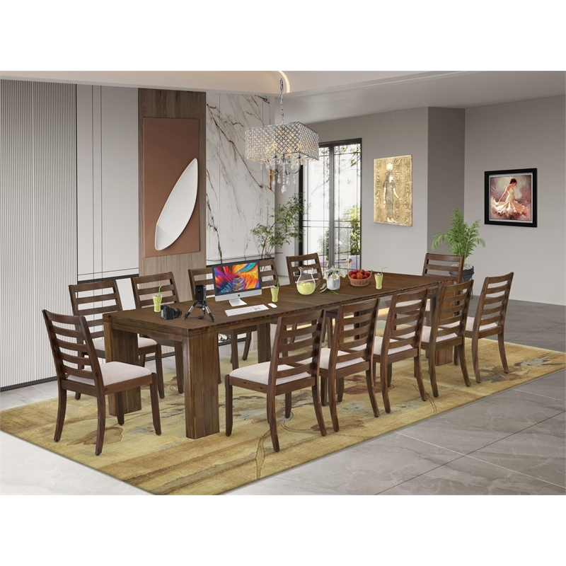 East West Furniture Xtenczar 13-Piece Extendable Dining Set in Walnut Finish