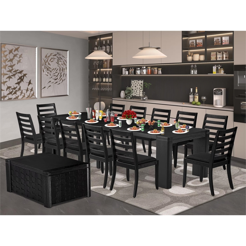 East West Furniture Xtenczar 14-Piece Dining Room Table Set in Black Finish