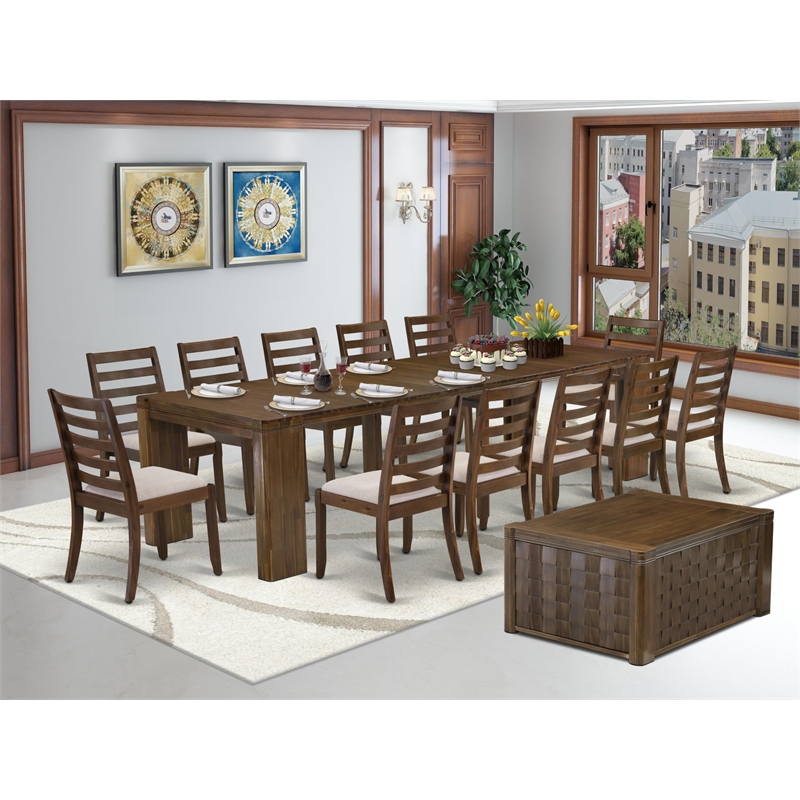 East West Furniture Xtenczar 14-Piece Extendable Dining Set in Walnut Finish