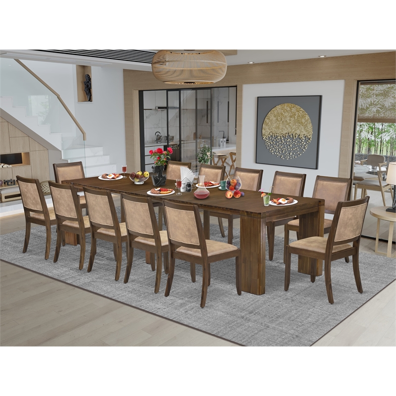 East West Furniture Xtenczar 13-Piece Extendable Dining Set in Walnut Finish