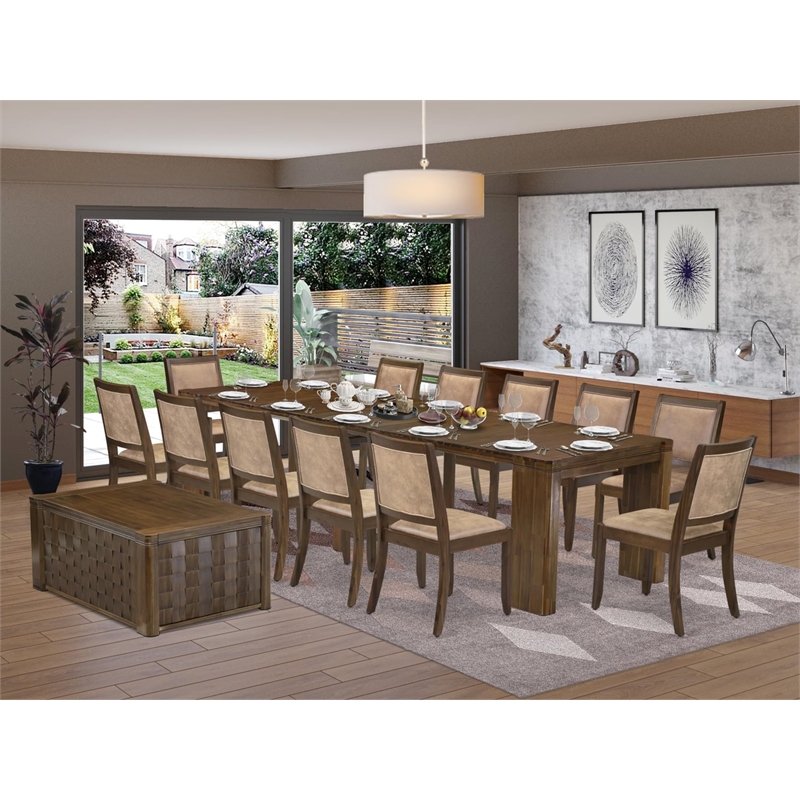 East West Furniture Xtenczar 14-Piece Extendable Dining Set in Walnut Finish
