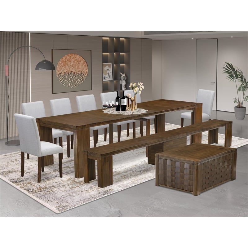 East West Furniture Xtenczar 10-Piece Extendable Dining Set in Walnut Finish
