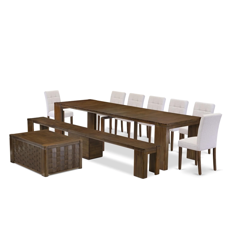 East West Furniture Xtenczar 10-Piece Extendable Dining Set in Walnut Finish