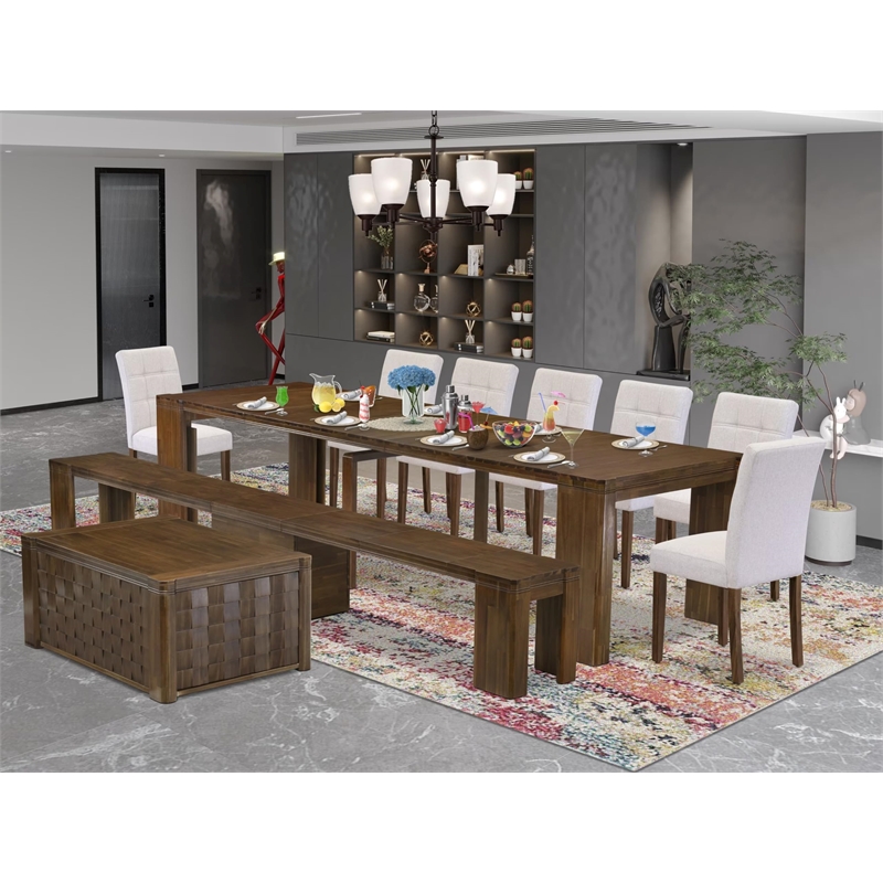 East West Furniture Xtenczar 10-Piece Extendable Dining Set in Walnut Finish