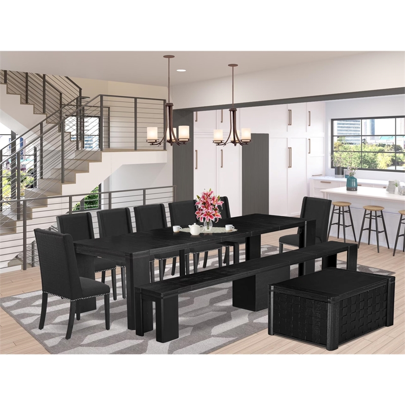East West Furniture Xtenczar 10 -Piece Dining Room Table Set in Black Finish