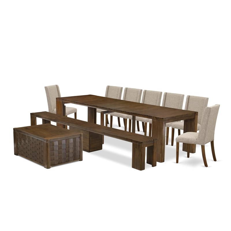 East West Furniture Xtenczar 10-Piece Extendable Dining Set in Walnut Finish