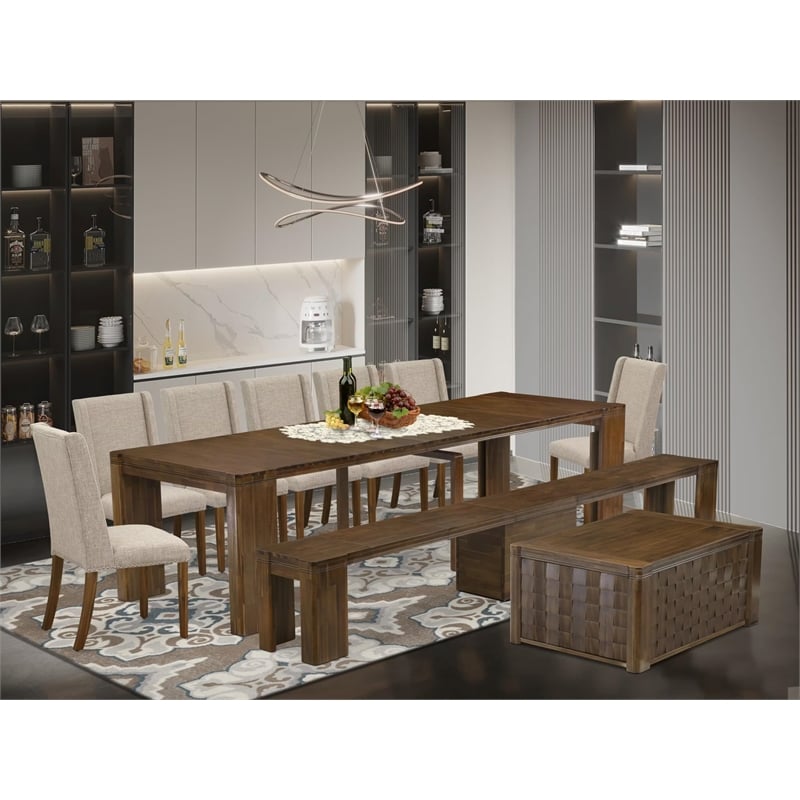 East West Furniture Xtenczar 10-Piece Extendable Dining Set in Walnut Finish