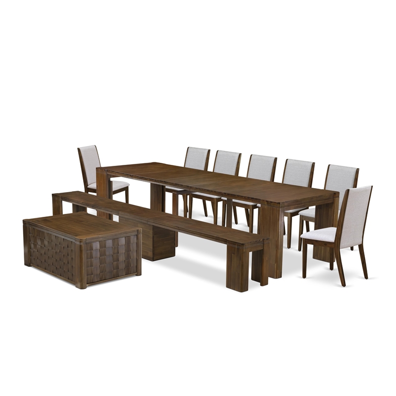 East West Furniture Xtenczar 10-Piece Extendable Dining Set in Walnut Finish