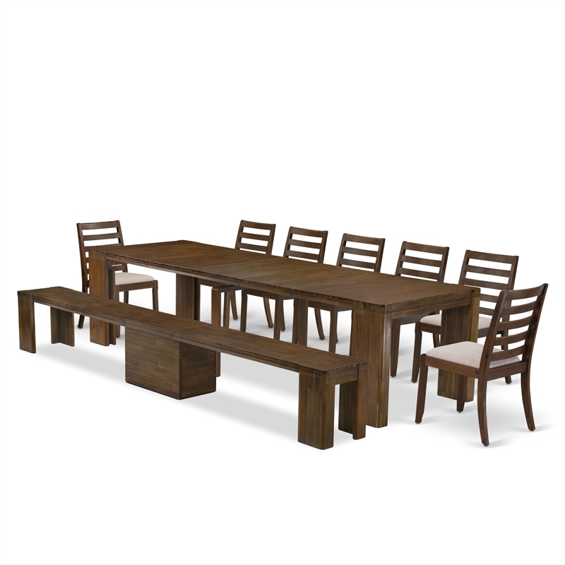 East West Furniture Xtenczar 9-Piece Extendable Dining Set in Walnut Finish