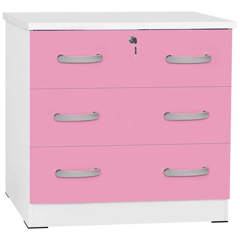 Better Home Products Cindy Wooden 3 Drawer Chest Bedroom Dresser in White & Pink