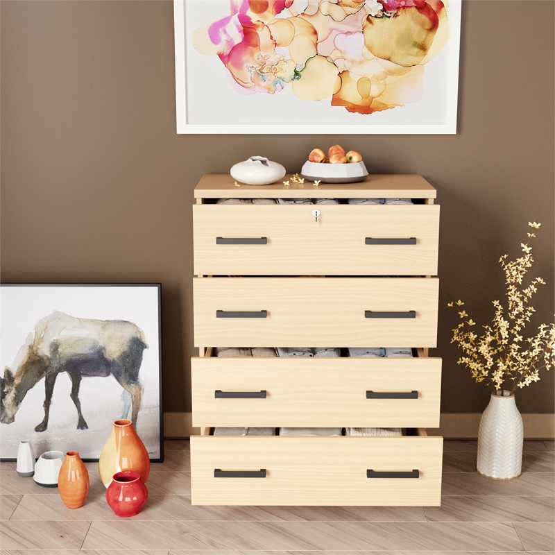 Better Home Products Cindy 4 Drawer Chest Wooden Dresser with Lock Beech (Maple)