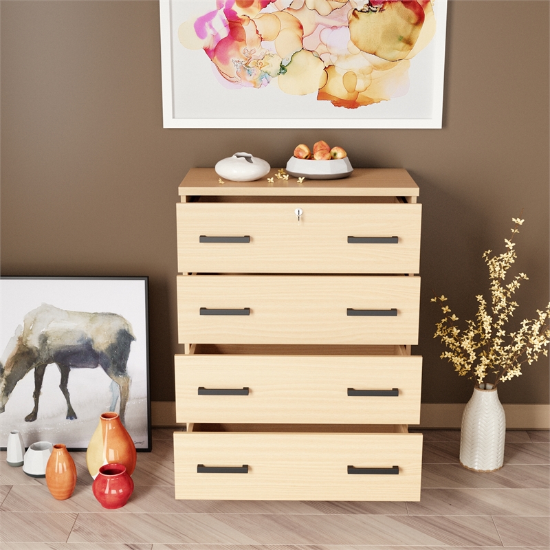 Better Home Products Cindy 4 Drawer Chest Wooden Dresser with Lock Beech (Maple)