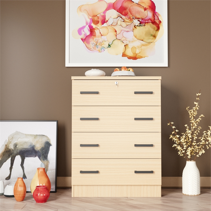 Better Home Products Cindy 4 Drawer Chest Wooden Dresser with Lock Beech (Maple)