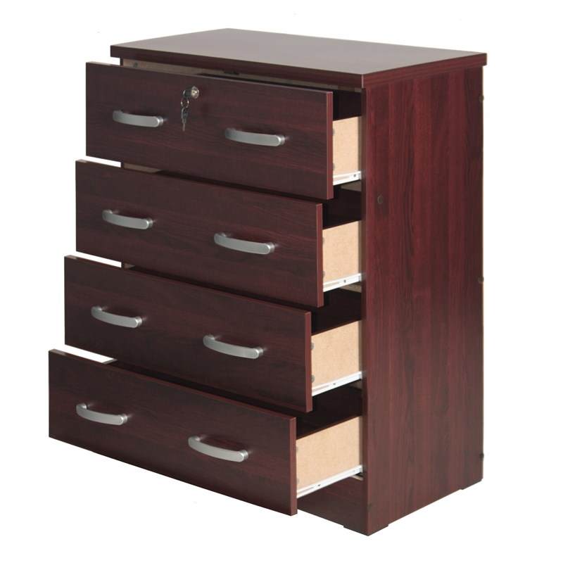 Better Home Products Cindy 4 Drawer Chest Wooden Dresser with Lock in Mahogany