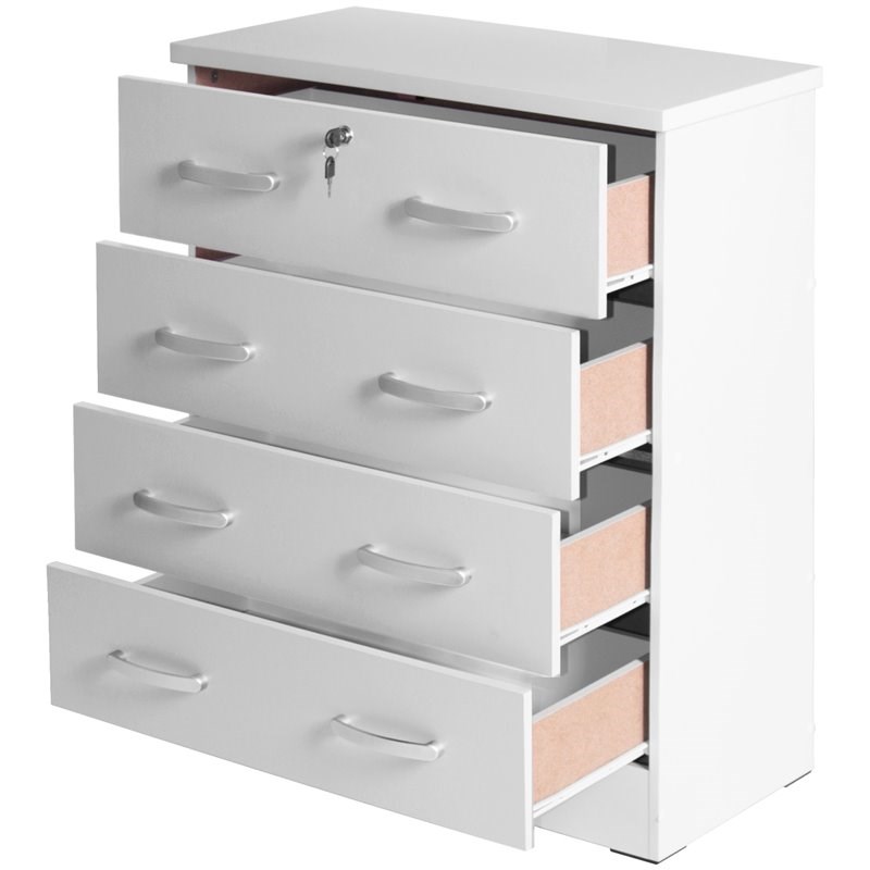 Better Home Products Cindy 4 Drawer Chest Wooden Dresser with Lock in White