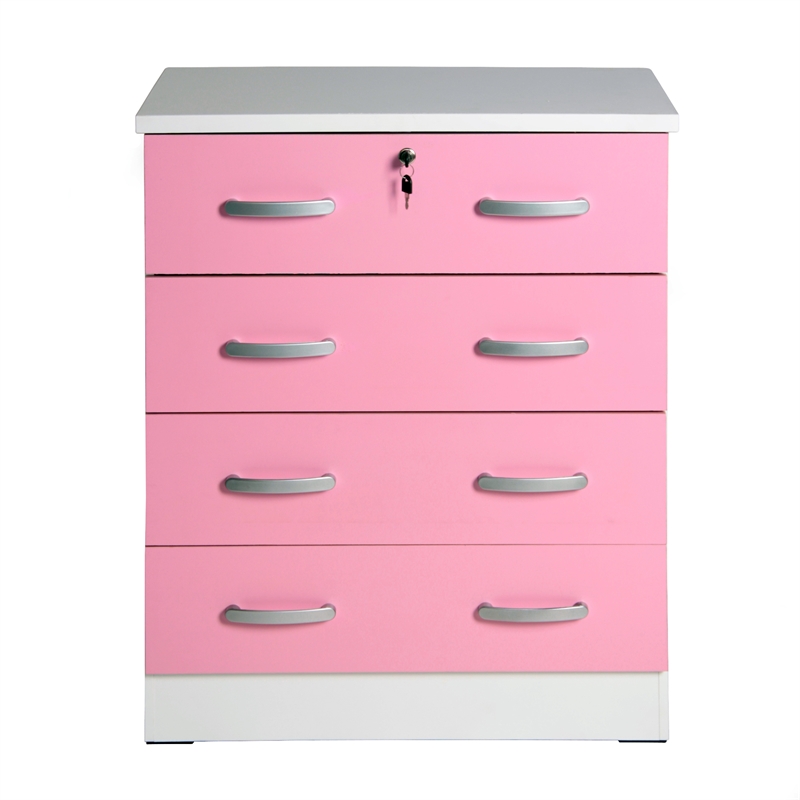 Better Home Products Cindy 4 Drawer Chest Wooden Dresser with Lock White & Pink