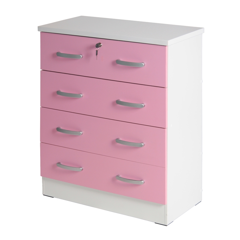 Better Home Products Cindy 4 Drawer Chest Wooden Dresser with Lock White & Pink