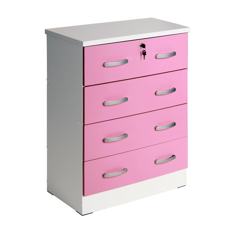 Better Home Products Cindy 4 Drawer Chest Wooden Dresser with Lock White & Pink