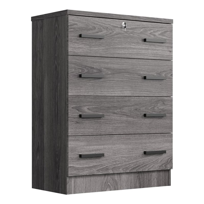 Better Home Products Cindy 4 Drawer Chest Wooden Dresser with Lock in Gray Oak