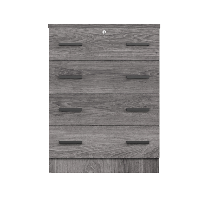 Better Home Products Cindy 4 Drawer Chest Wooden Dresser with Lock in Gray Oak