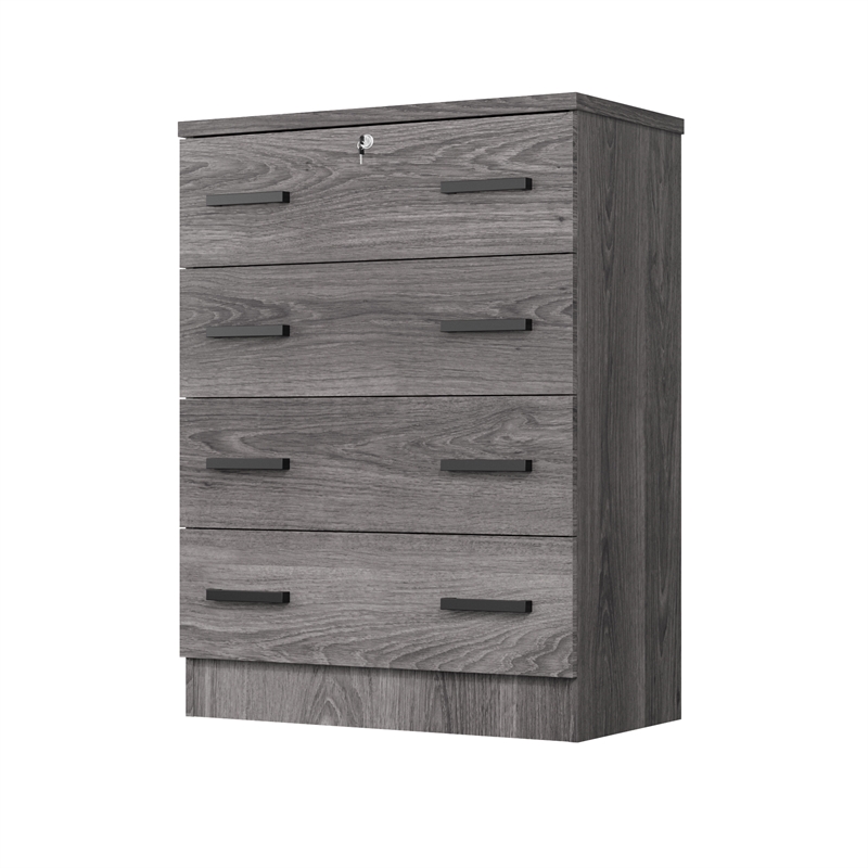 Better Home Products Cindy 4 Drawer Chest Wooden Dresser with Lock in Gray Oak
