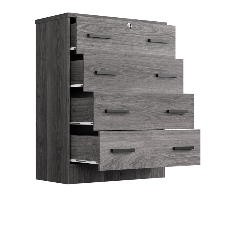 Better Home Products Cindy 4 Drawer Chest Wooden Dresser with Lock in Gray Oak
