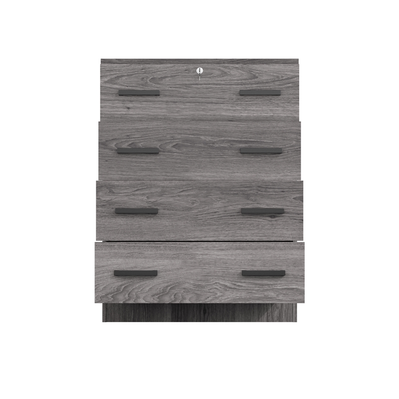 Better Home Products Cindy 4 Drawer Chest Wooden Dresser with Lock in Gray Oak