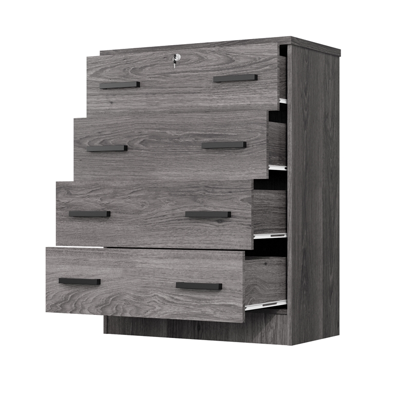 Better Home Products Cindy 4 Drawer Chest Wooden Dresser with Lock in Gray Oak